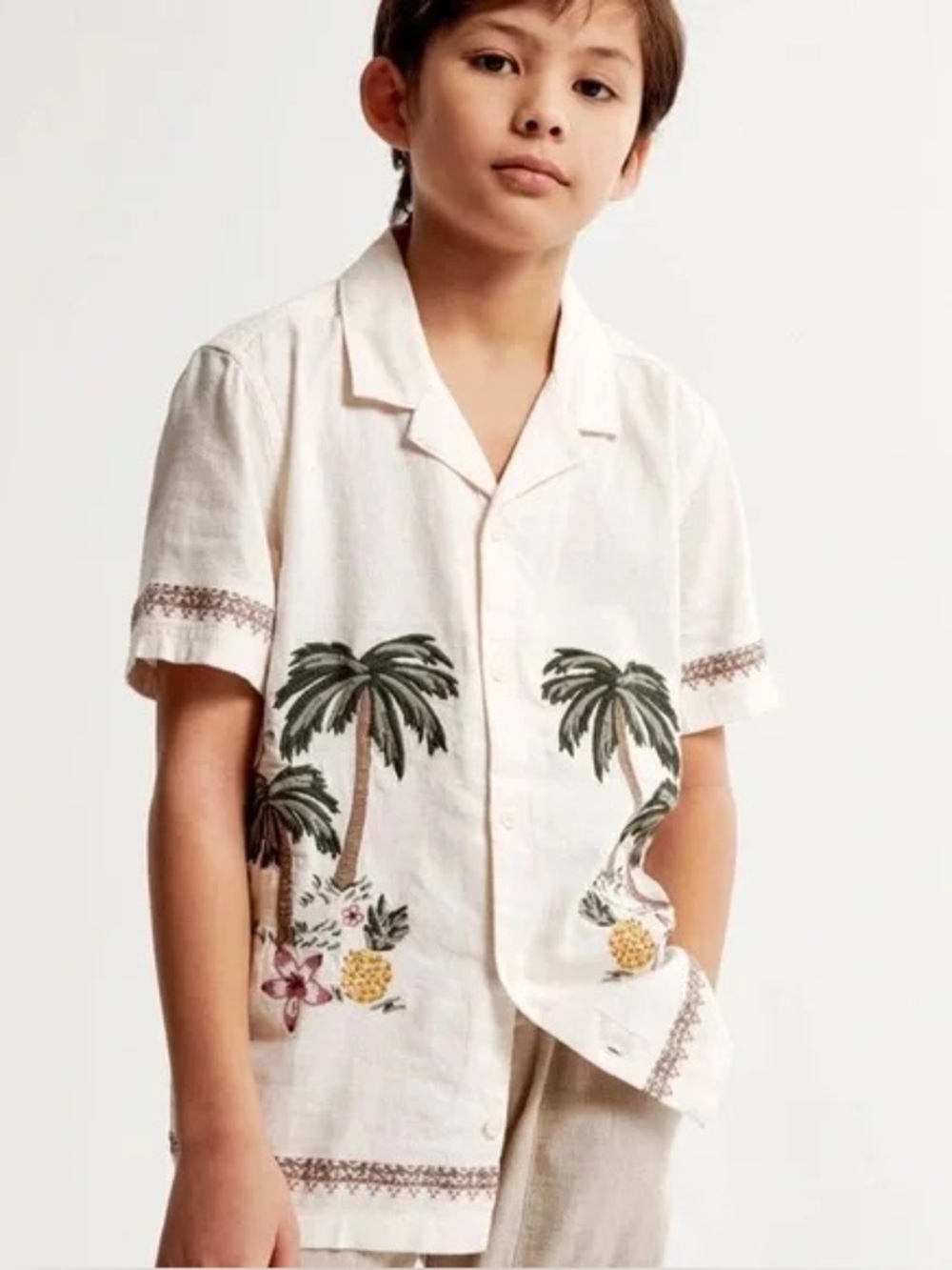 Abercrombie Kids Tropical Embroidered Short Sleeve Button Down Shirt Linen 17/18